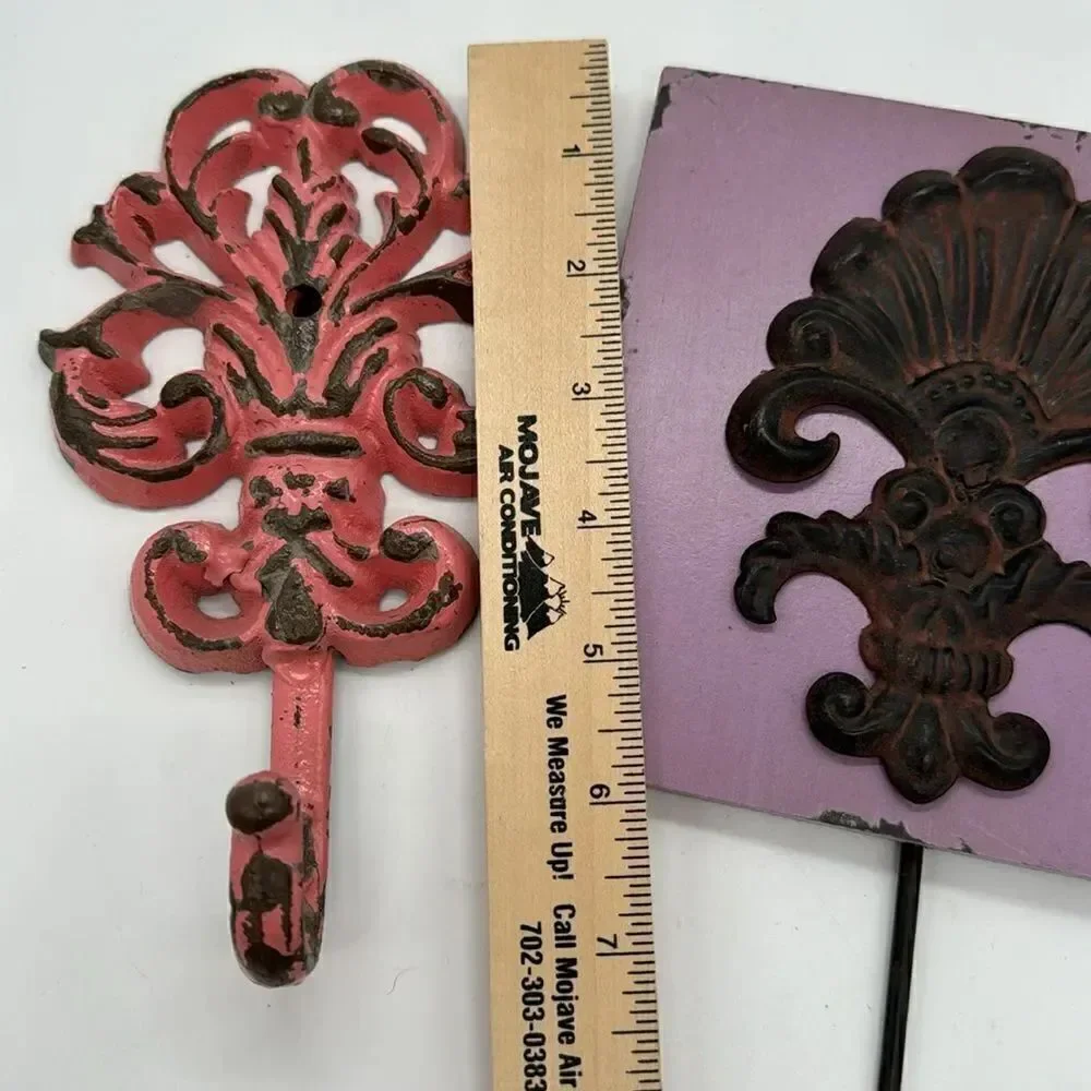 Two Fleur-de-lis Wrought Iron and Wood Wall Hooks